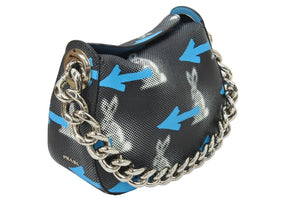 PRADA プラダ ハンドバッグ ブルー ブラック ウサギ柄 矢印 レザー グラフィック シルバー金具 美品 中古 50115