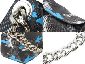 PRADA プラダ ハンドバッグ ブルー ブラック ウサギ柄 矢印 レザー グラフィック シルバー金具 美品 中古 50115