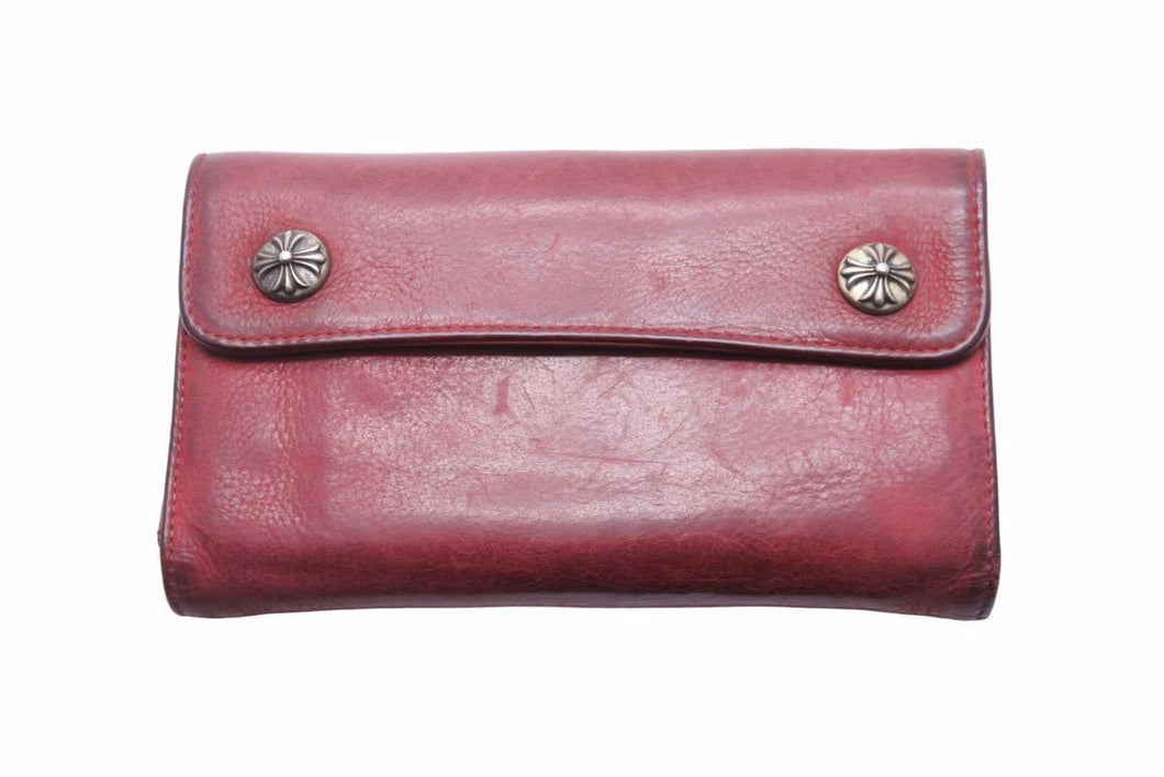 CHROME HEARTS クロムハーツ 三つ折り財布 ウェーブウォレット 長財布 クロスボタン レッド シルバー金具 美品 中古 50453