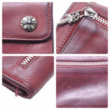 Load image into Gallery viewer, CHROME HEARTS クロムハーツ 三つ折り財布 ウェーブウォレット 長財布 クロスボタン レッド シルバー金具 美品 中古 50453