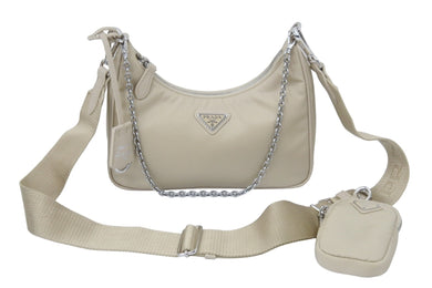 PRADA プラダ 2WAY 1BH204 ホーボー ショルダーバッグ ハンドバッグ トライアングルロゴ ナイロン ベージュ シルバー金具 美品 中古 50486
