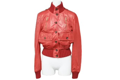 GUCCI グッチ レザー ジャケット レッド アウター ゴールド金具 ロゴ 赤 155710XN148 サイズ38 中古 50735