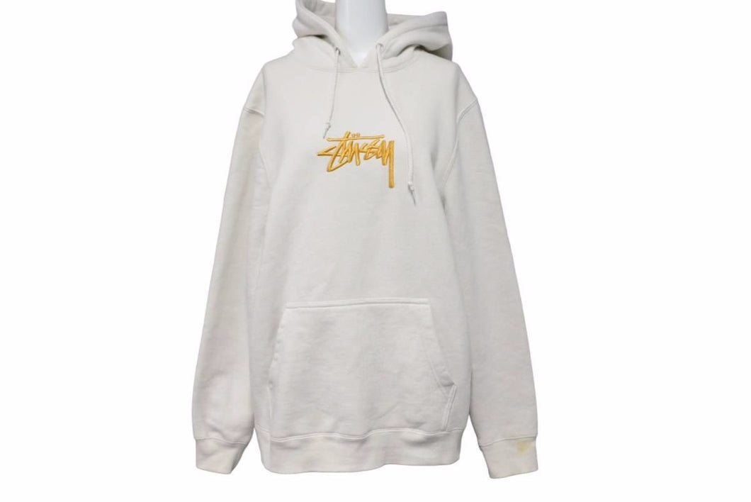 STUSSY パーカー ステューシー デカロゴ 刺繍 ゴールド アイボリー Sサイズ ストリート スケート 中古 50923