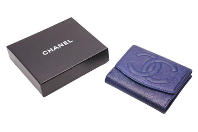 CHANEL シャネル キャビアスキン4055304 財布 ２つ折り財布 ブルー系 ココマーク 箱付き ギャランティーカード 中古 51044