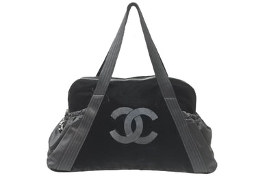 CHANEL シャネル ココマーク ミニボストンバッグ ハンドバッグ 9番台 サテン ファー ブラック シルバー金具 美品 中古 51079