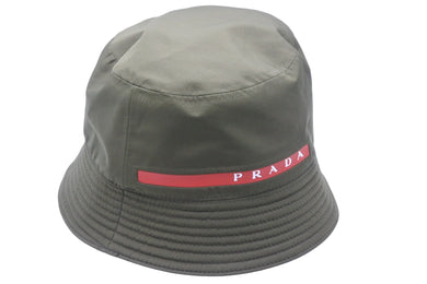 極美品 PRADA プラダ テクニカルファブリック ロゴ バケットハット 帽子 コットン カーキ レッド サイズM 中古 51165