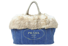 Load image into Gallery viewer, PRADA プラダ カナパ トートバッグ ハンドバッグ BN2182 デニム フェイクファー ブルー ベージュ ゴールド金具 美品 中古 51209