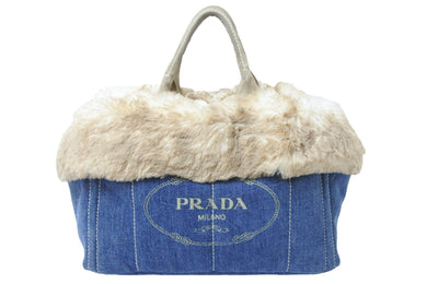 PRADA プラダ カナパ トートバッグ ハンドバッグ BN2182 デニム フェイクファー ブルー ベージュ ゴールド金具 美品 中古 51209