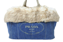 Load image into Gallery viewer, PRADA プラダ カナパ トートバッグ ハンドバッグ BN2182 デニム フェイクファー ブルー ベージュ ゴールド金具 美品 中古 51209