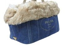 Load image into Gallery viewer, PRADA プラダ カナパ トートバッグ ハンドバッグ BN2182 デニム フェイクファー ブルー ベージュ ゴールド金具 美品 中古 51209