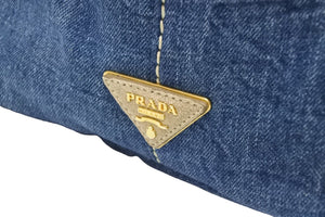 PRADA プラダ カナパ トートバッグ ハンドバッグ BN2182 デニム フェイクファー ブルー ベージュ ゴールド金具 美品 中古 51209