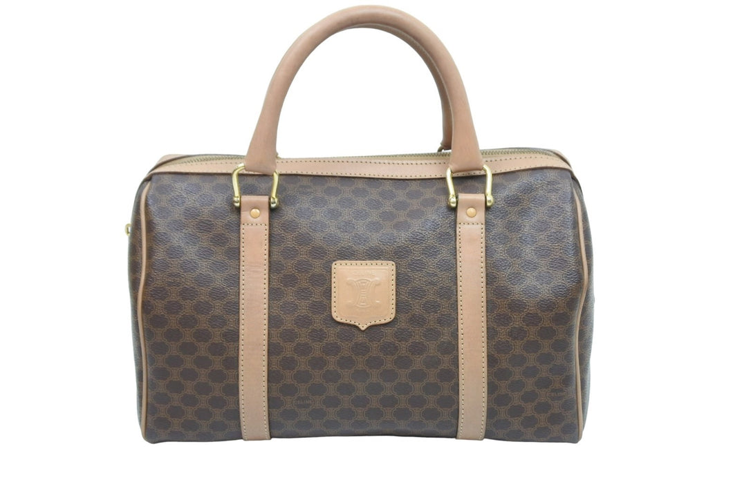 CELINE セリーヌ ヴィンテージ ボストンバッグ ハンドバッグ マカダム柄 ブラウン ゴールド金具 PVC レザー 良品 中古 51265