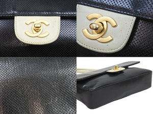 CHANEL シャネル ココマーク ターンロック 25cm パンチング ショルダー バッグ バイカラー 美品 中古 51370