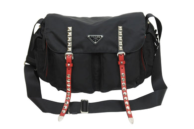 PRADA プラダ ショルダーバッグ セミショルダー 斜め掛け スタッズ テスート 1BD119 ナイロン レザー ブラック 美品 中古 51523