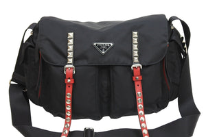 PRADA プラダ ショルダーバッグ セミショルダー 斜め掛け スタッズ テスート 1BD119 ナイロン レザー ブラック 美品 中古 51523