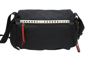 PRADA プラダ ショルダーバッグ セミショルダー 斜め掛け スタッズ テスート 1BD119 ナイロン レザー ブラック 美品 中古 51523