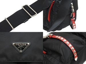 PRADA プラダ ショルダーバッグ セミショルダー 斜め掛け スタッズ テスート 1BD119 ナイロン レザー ブラック 美品 中古 51523