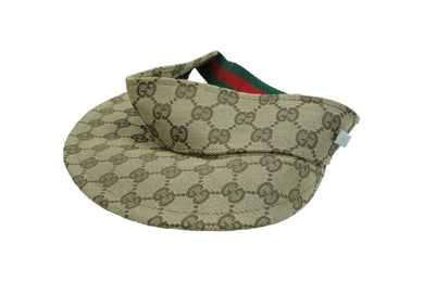 GUCCI グッチ サンバイザー キャップ 帽子 シェリー 総柄 ポリエステル コットン レジン ブラウン S シルバー 美品 中古 51541