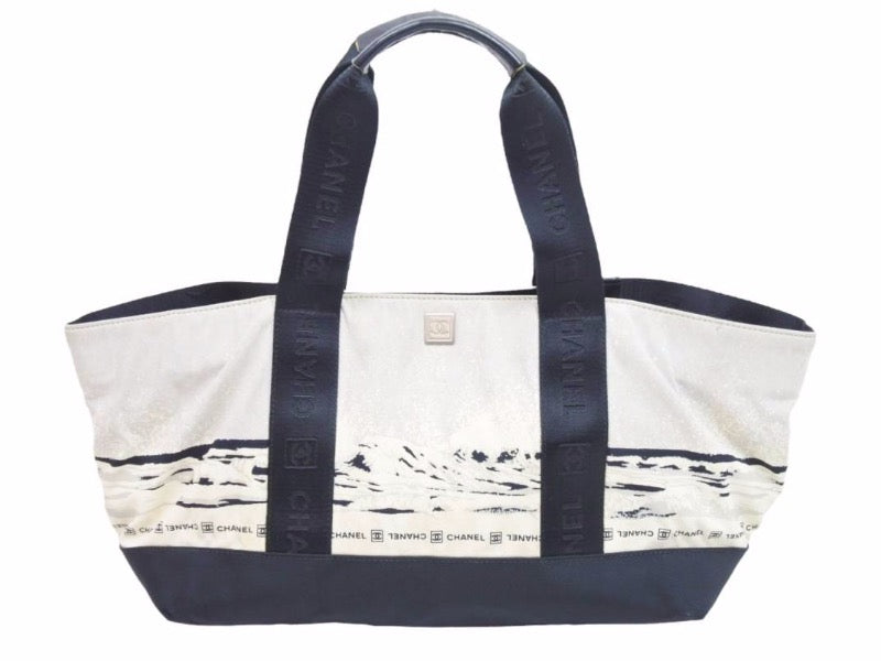 CHANEL シャネル シャネルスポーツ トートバッグ 波柄 9番台 ココマーク ブラック アイボリー グレー 中古 51558