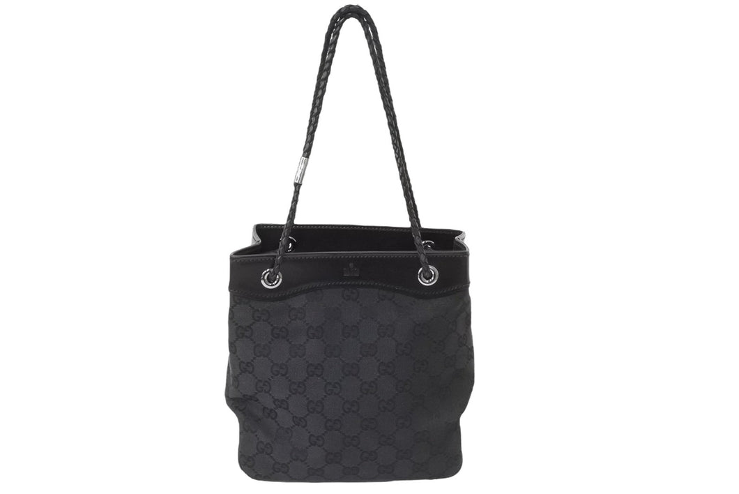 GUCCI グッチ GGキャンバス ハンドバッグ ミニトート 巾着バッグ レザー 黒 ブラック シルバー 109143 002122 中古 51565