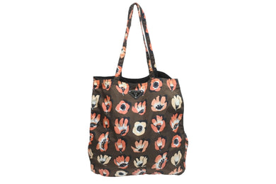 PRADA プラダ トートバッグ ポーチ 三角プレート 花柄 ブラウン シルバー金具 イタリア製 ナイロン 美品 中古 51594