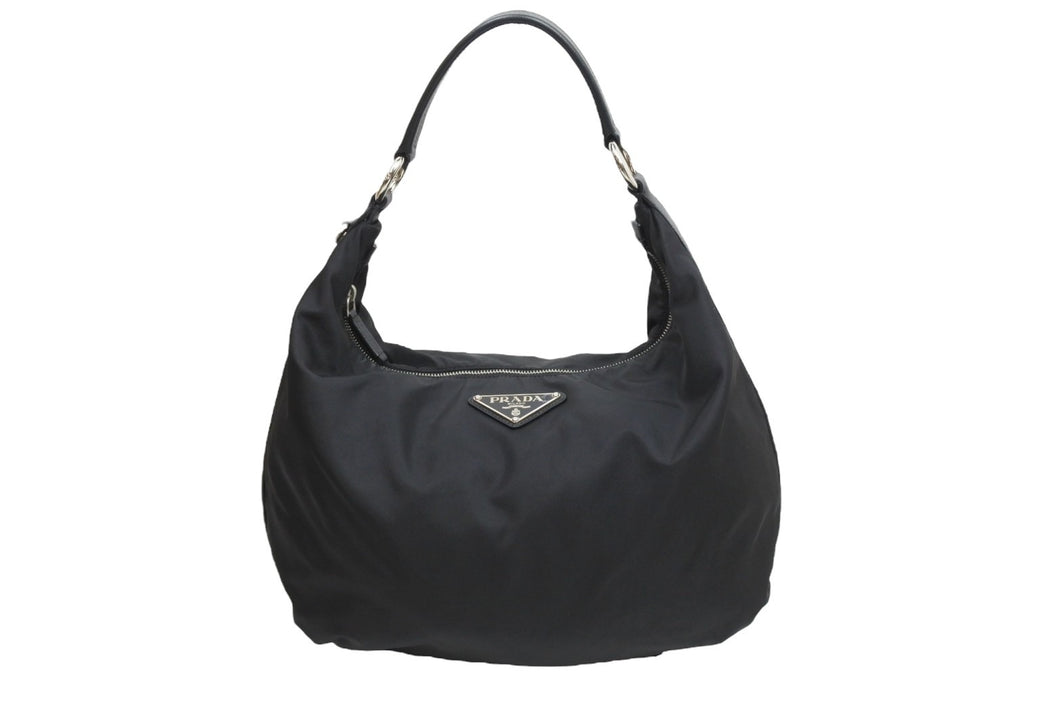 極美品 PRADA プラダ ショルダーバック ハンドバッグ プレートロゴ ブラック 黒 ナイロン 中古 51595