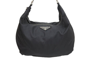 極美品 PRADA プラダ ショルダーバック ハンドバッグ プレートロゴ ブラック 黒 ナイロン 中古 51595