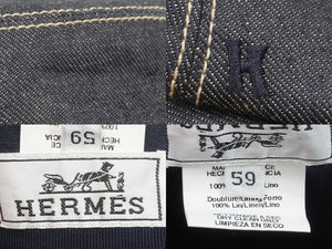 極美品 HERMES エルメス Hロゴ セリエボタン ベースボールキャップ 帽子 フランス製 リネン ブルー サイズ59 中古 51662