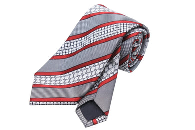GUCCI グッチ ネクタイ トムフォード期 ストライプロゴ 総柄 シルク グレー ホワイト レッド 美品 中古 51808 