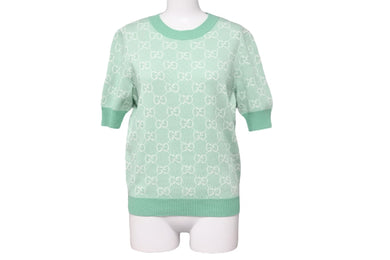 極美品 GUCCI グッチ GGジャガード 半袖 ニット Ｔシャツ グリーン ロゴ 緑 総ロゴ トップス 629456 サイズS 中古 51864