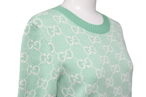極美品 GUCCI グッチ GGジャガード 半袖 ニット Ｔシャツ グリーン ロゴ 緑 総ロゴ トップス 629456 サイズS 中古 51864