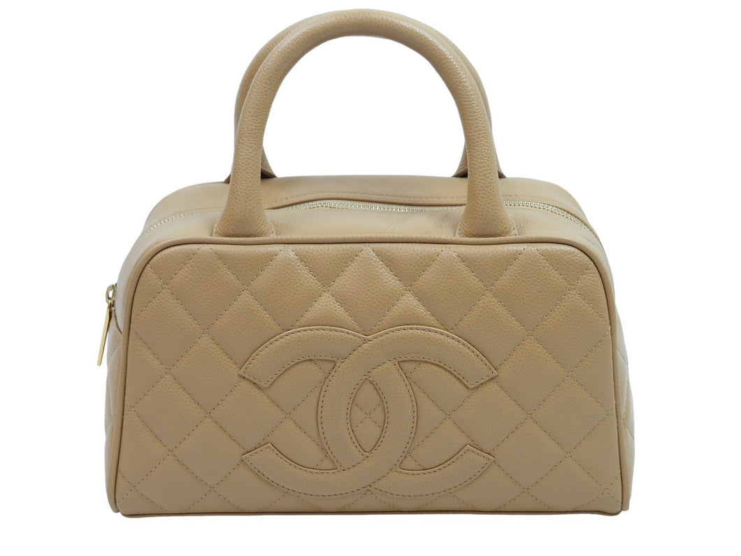 CHANEL シャネル ヴィンテージ ハンドバッグ ミニボストン キャビアスキン 8番台 ベージュ ゴールド金具 美品 中古 51883