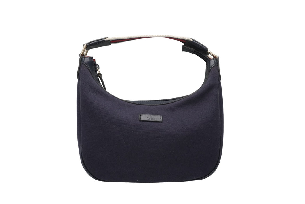 GUCCI グッチ ワンショルダーバッグ A9235658 レザー キャンバス ネイビー ホワイト レッド ゴールド金具 美品 中古 52006