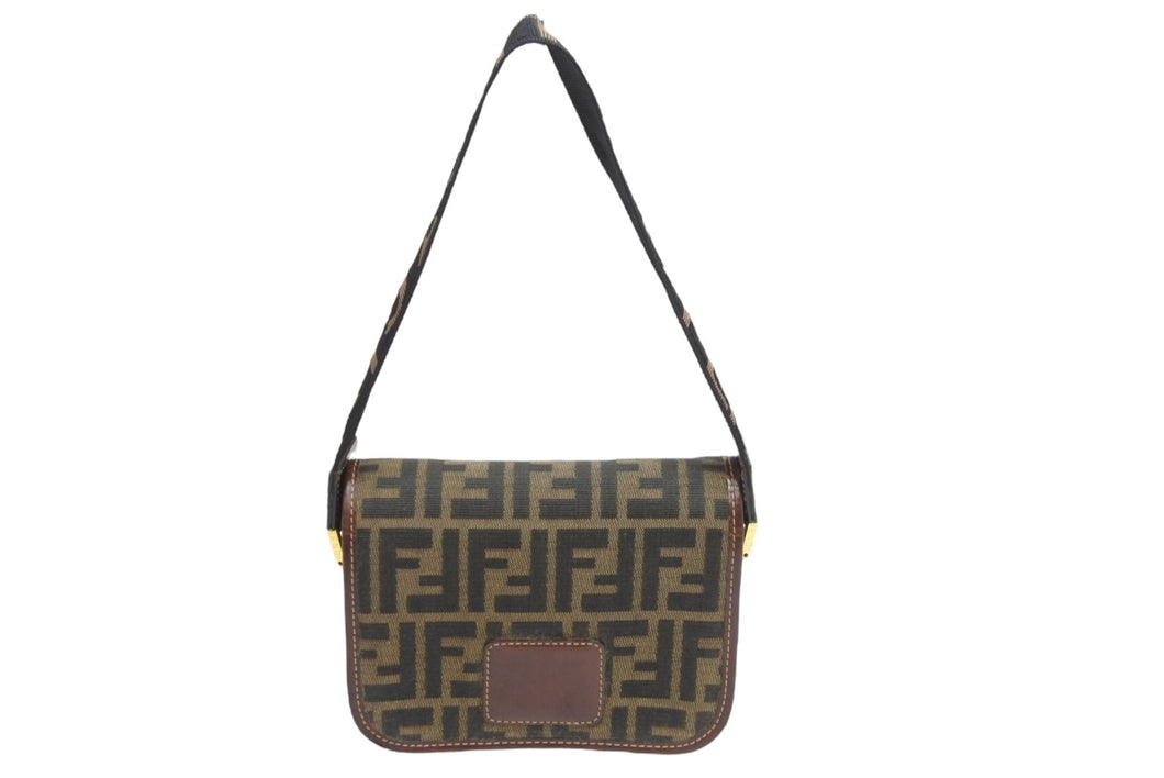 FENDI フェンディ ハンドバッグ トロッター コットン ブラウン キャンバス レザー 09157 981 ゴールド金具 美品 中古 52025