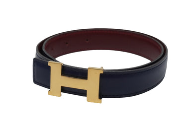 HERMES エルメス Hロゴ ◯Z刻印入り レディースベルト サイズ65 ネイビー系 カーフレザー 中古 52031