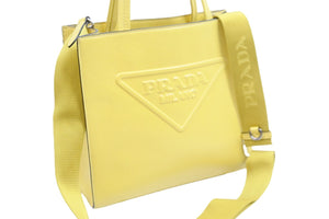 PRADA プラダ 2WAYバッグ ショルダーバッグ ハンドバッグ ロゴ 1BG382 ソフトカーフ イエロー ゴールド 美品 中古 52074
