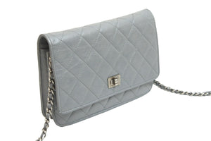 CHANEL シャネル 長財布 チェーンウォレット フラップ 12番台 2008年 グレインカーフレザー グレー シルバー金具 美品 中古 52095