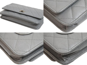 CHANEL シャネル 長財布 チェーンウォレット フラップ 12番台 2008年 グレインカーフレザー グレー シルバー金具 美品 中古 52095