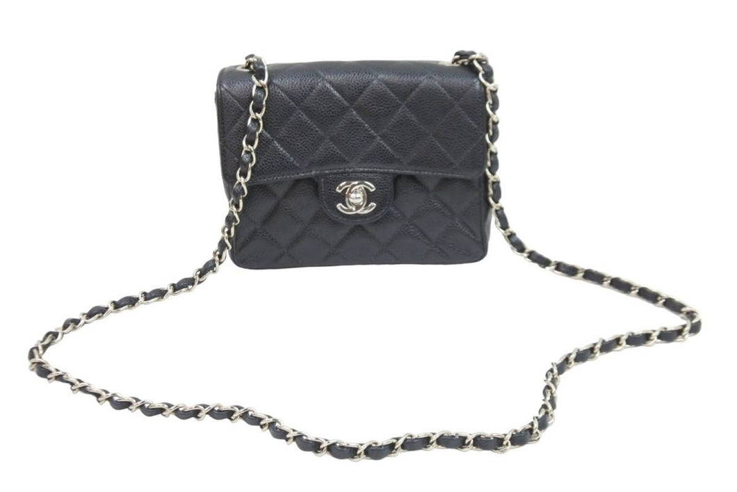 CHANEL シャネル ミニマトラッセ チェーンショルダーバッグ ココマーク 6番台 キャビアスキン ブラック シルバー 美品 中古 52267