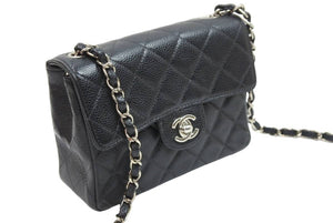 CHANEL シャネル ミニマトラッセ チェーンショルダーバッグ ココマーク 6番台 キャビアスキン ブラック シルバー 美品 中古 52267