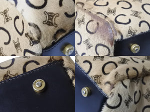CELINE セリーヌ Cマカダム ハンドバッグ ミニボストンバッグ MC99/2 イタリア製 ハラコ レザー ベージュ ゴールド 美品 中古 52305