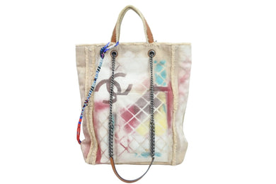 極美品 CHANEL シャネル トートバッグ グラフィティ アクト2 ブリコラージュ 19番台 2014年春夏 コットンキャンバス ブラウン 中古 52310