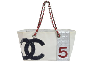 CHANEL シャネル No.5 チェーントートバッグ ハンドバッグ 7番台 キャンバス レザー ホワイト シルバー レッド 美品 中古 52361