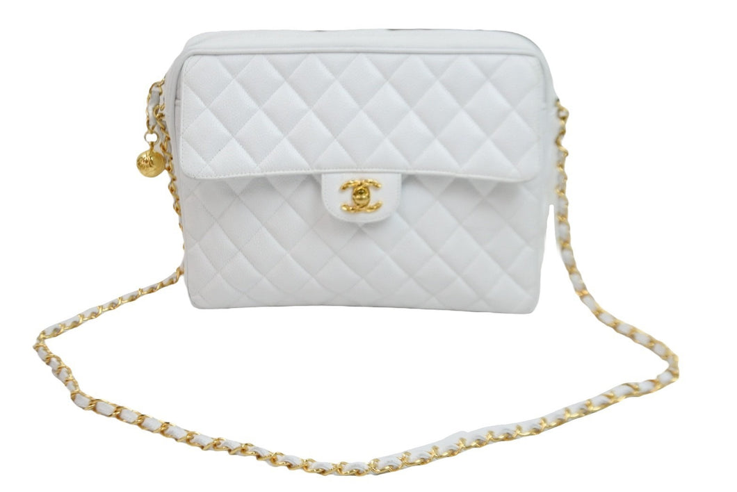 Chanel シャネル チェーンショルダーバッグ キャビアスキン ホワイト ゴールド 2番台 極美品 中古 52363