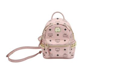 MCM エムシーエム ミニリュック デイパック ポーチ ヴィセトス スタッズ ピンク レザー ゴールド金具 美品 中古 52412