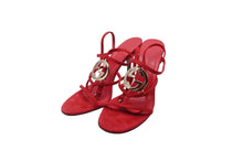 Load image into Gallery viewer, GUCCI グッチ パンプス ピンヒール アンクルストラップ 紐 ミュール GGロゴ 38 スウェード レザー レッド ゴールド 美品 中古 52593
