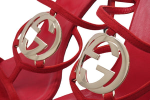 GUCCI グッチ パンプス ピンヒール アンクルストラップ 紐 ミュール GGロゴ 38 スウェード レザー レッド ゴールド 美品 中古 52593