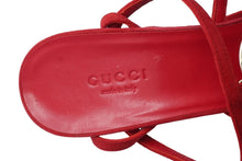 Load image into Gallery viewer, GUCCI グッチ パンプス ピンヒール アンクルストラップ 紐 ミュール GGロゴ 38 スウェード レザー レッド ゴールド 美品 中古 52593
