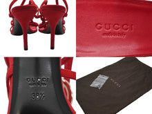 Load image into Gallery viewer, GUCCI グッチ パンプス ピンヒール アンクルストラップ 紐 ミュール GGロゴ 38 スウェード レザー レッド ゴールド 美品 中古 52593