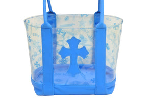 極美品 CHROME HEARTS クロムハーツ ハンドバッグ セメタリークロス クリア ミニバッグ ブルー レザー ビニール 中古 52615